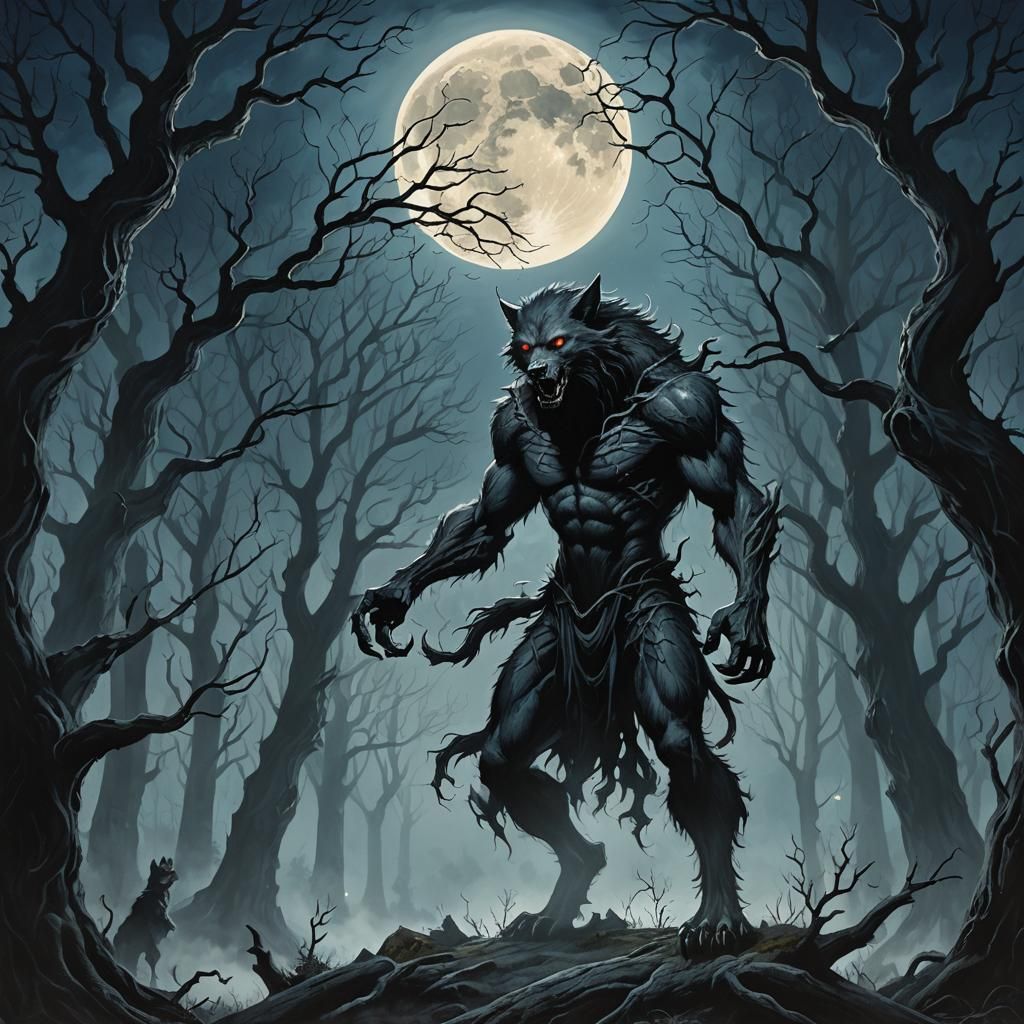 Werewolf in Eerie Forest, Gothic Oil Painting