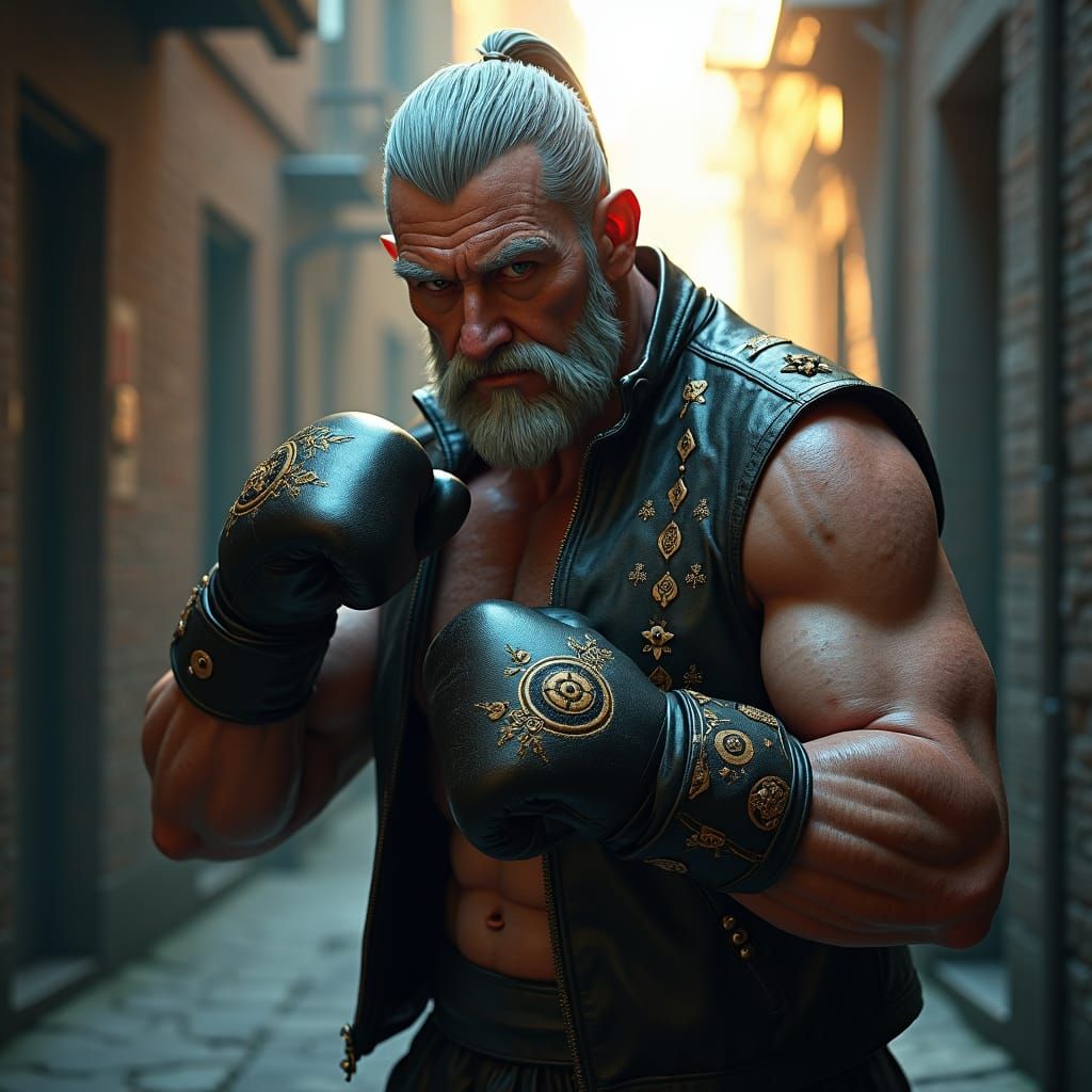 Elderly Bodybuilder in Boxing Stance: Fantasy Concept Art
