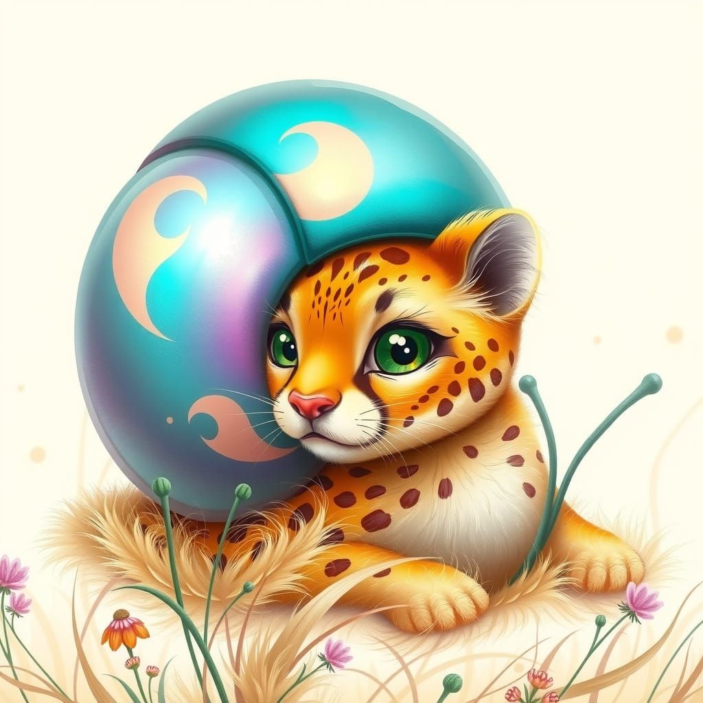 Whimsical Cheetah Snail with Iridescent Shell and Fluffy Fur