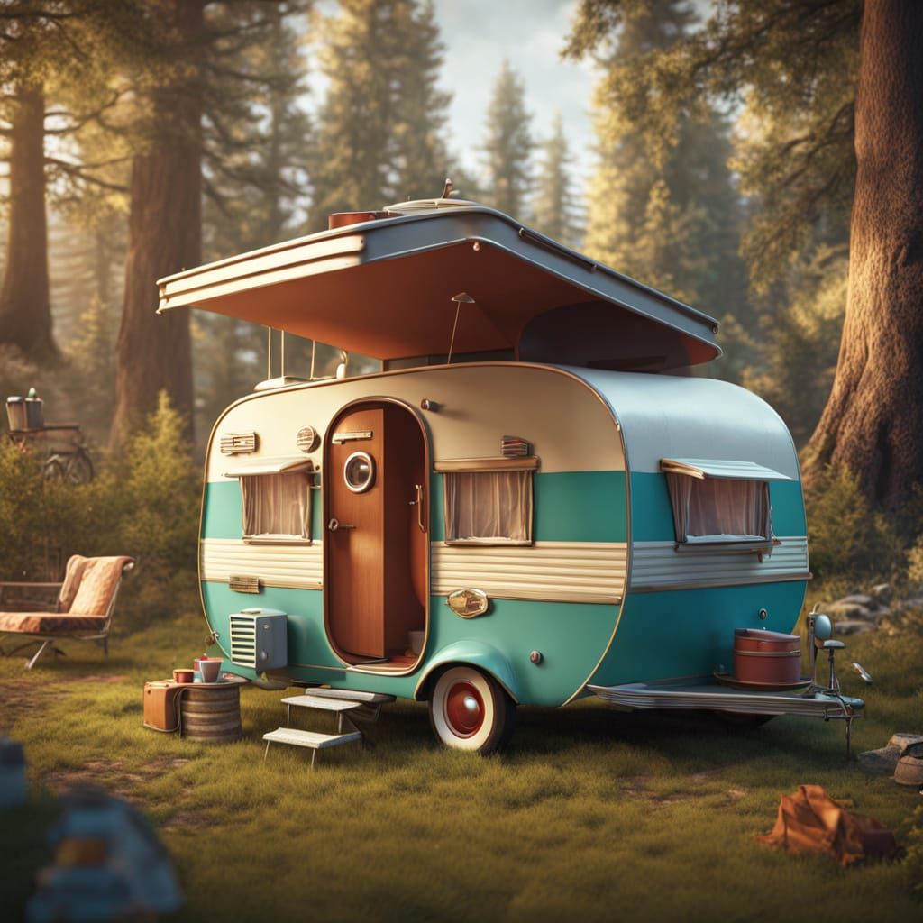 A 1950s pull behind camper trailer. detailed matte painting,...
