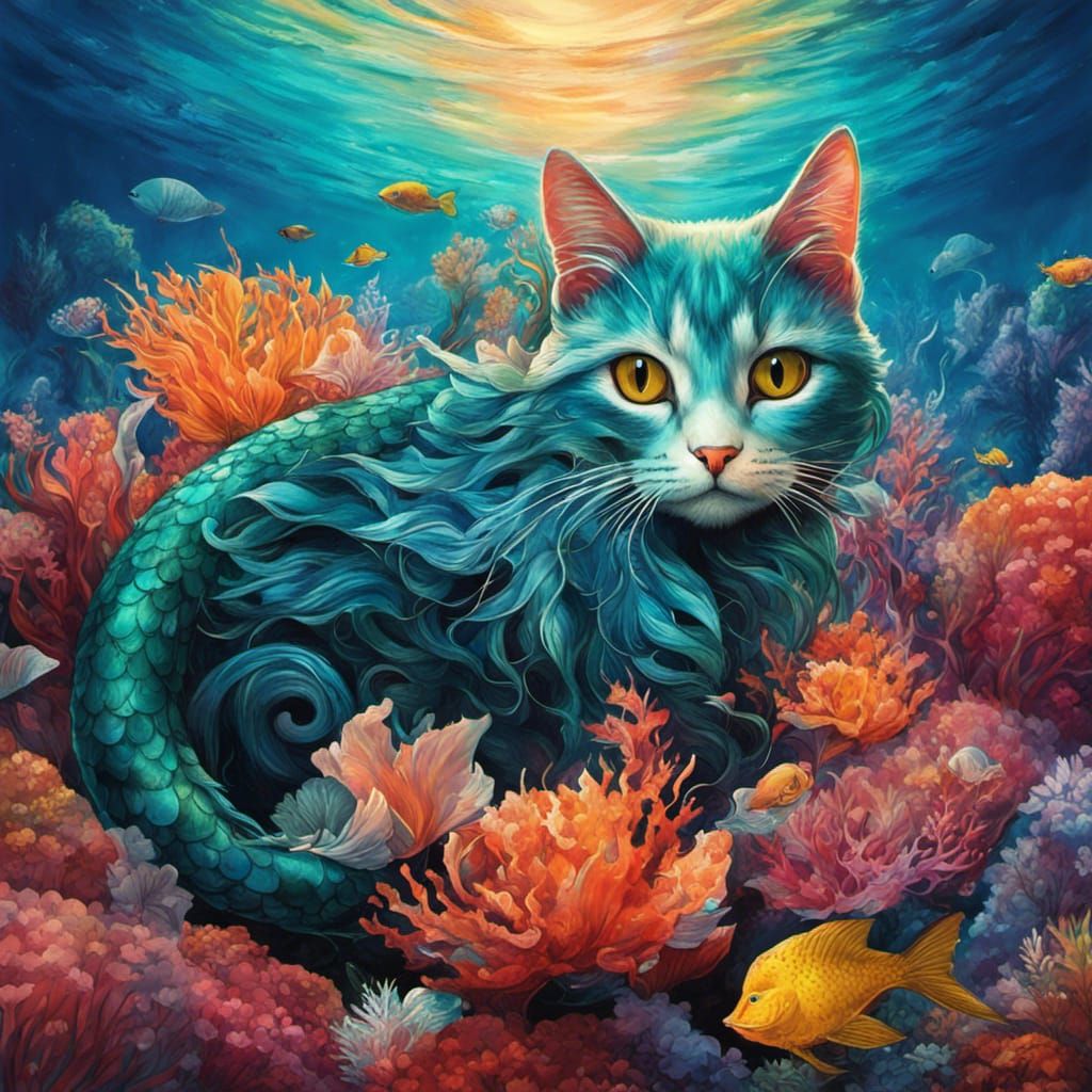 Cat Mermaid Digital Illustration in Anime Style
