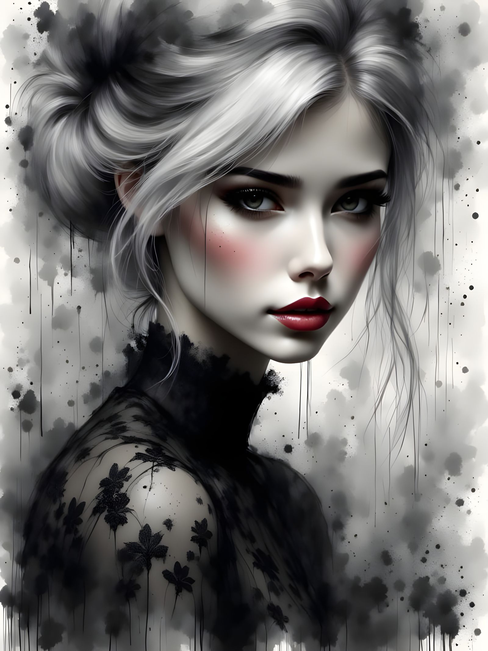 Elegant Portrait with Red Lips in Detailed Matte Style