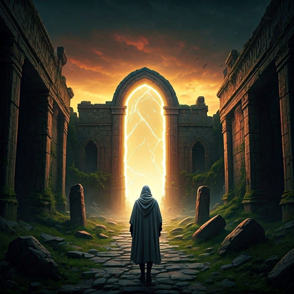 Enigmatic Figure Approaches Luminous Portal