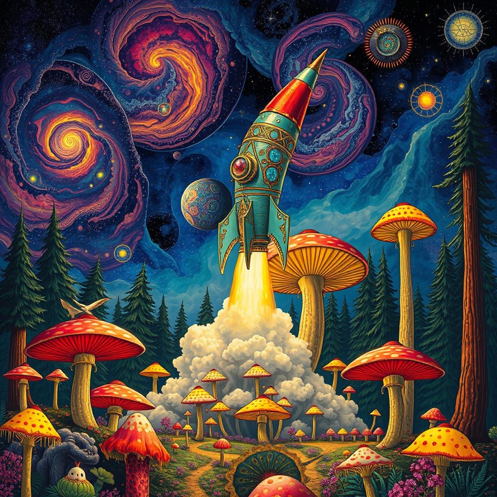 Psychedelic Rocket Launch in Surreal Forest