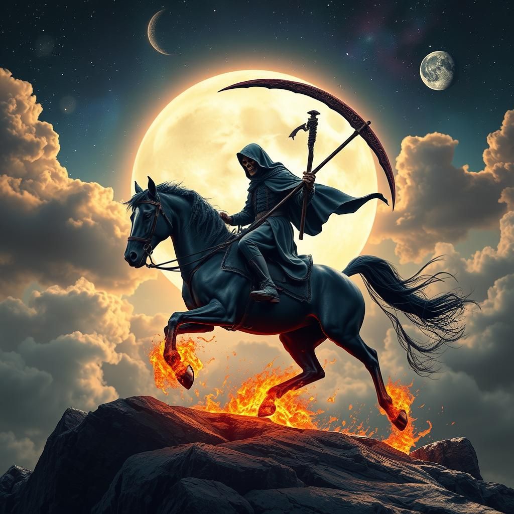 Grim Reaper Rides Burning Horse: Cosmic Illustration