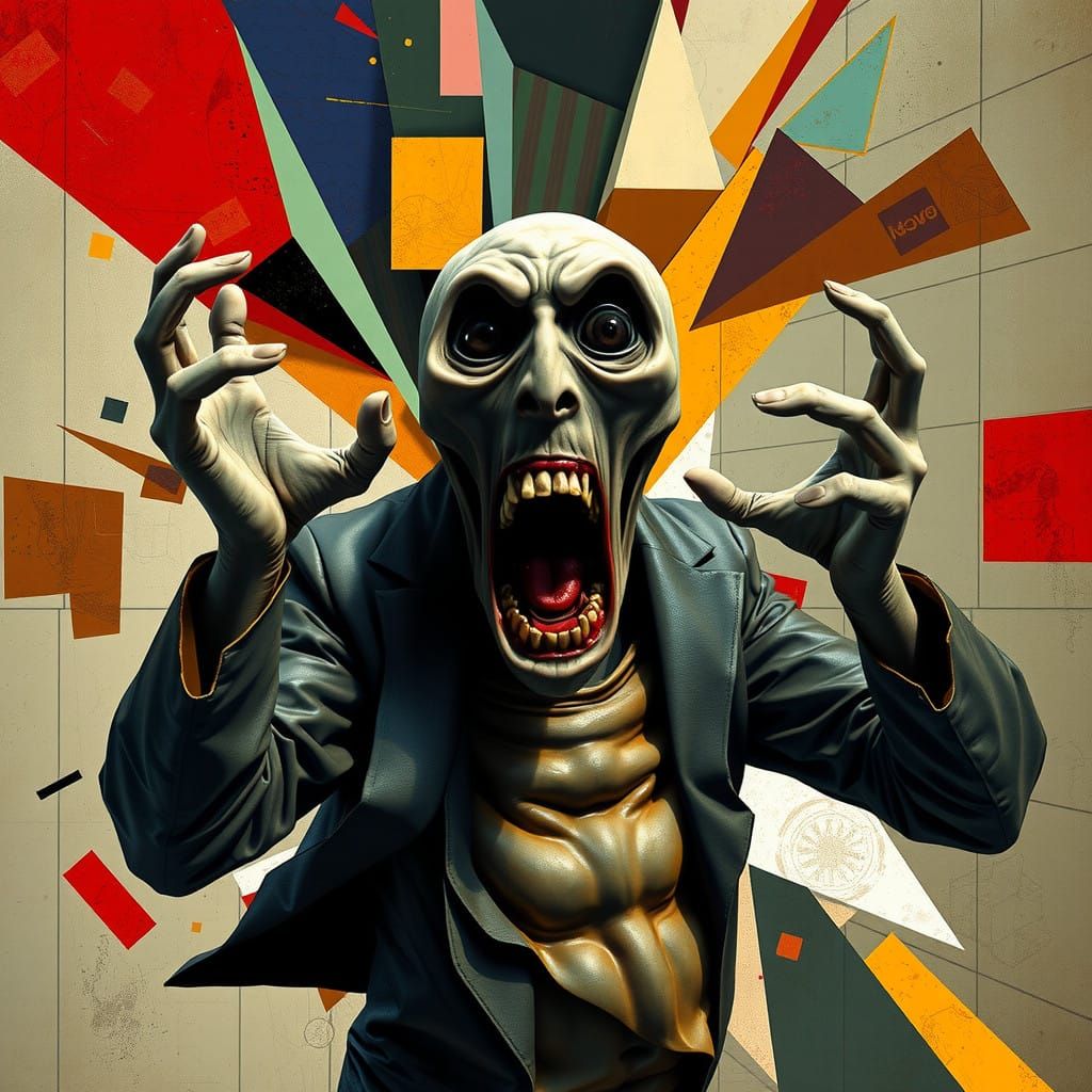 Cubist Horror Figure Charges with Anguished Scream