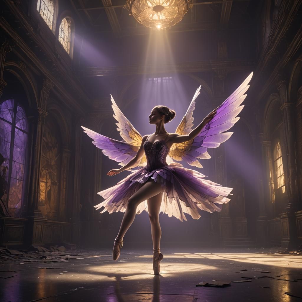 Ballet Dancer with Wings on Abandoned Stage