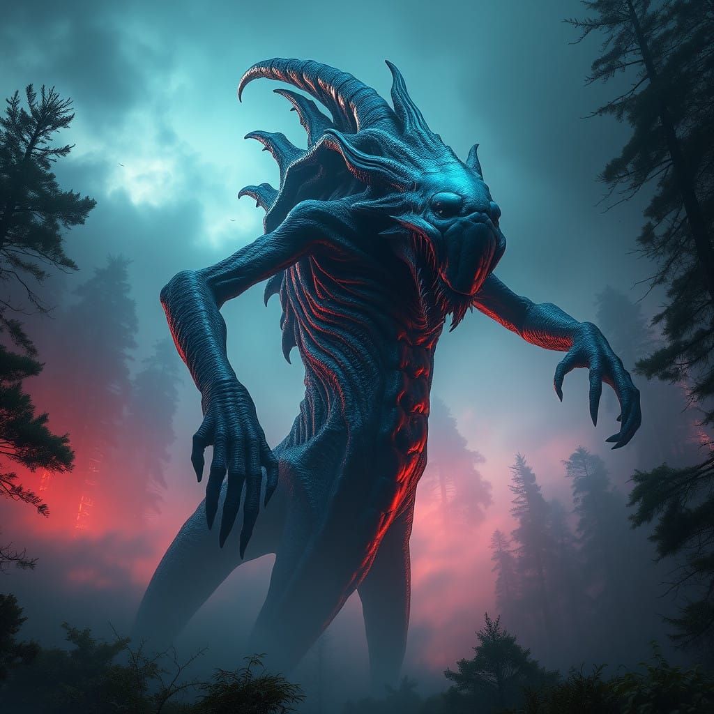Elegant, Grotesque Alien Emerges from Ancient Forest in Dark...
