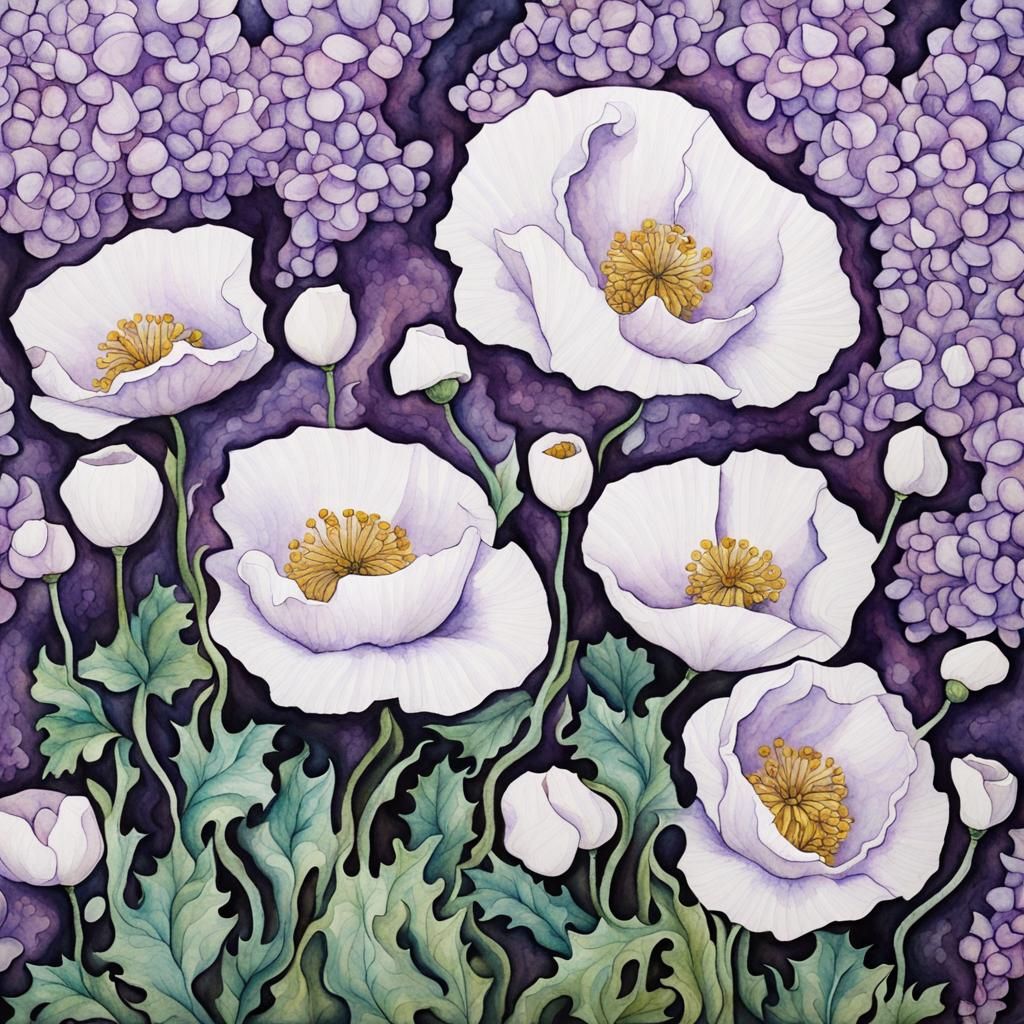 White Poppies under Lilac Bush in Baroque Style