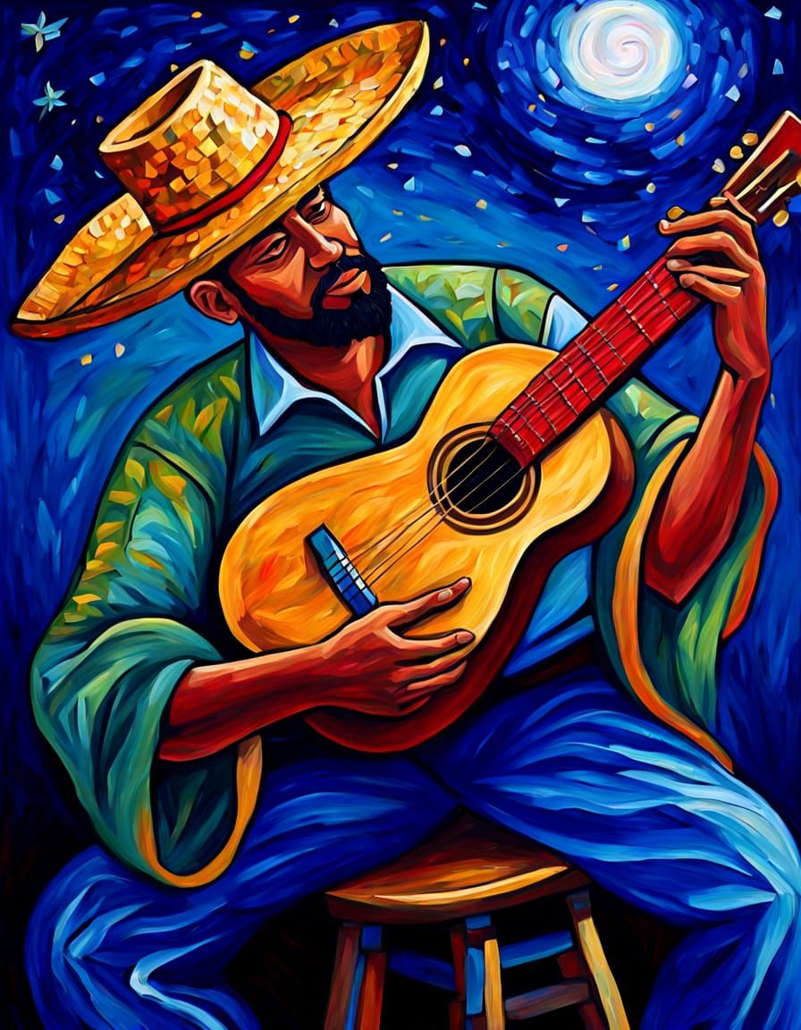 Puerto Rican Jibaro Playing Cuatro Guitar as Folk Art