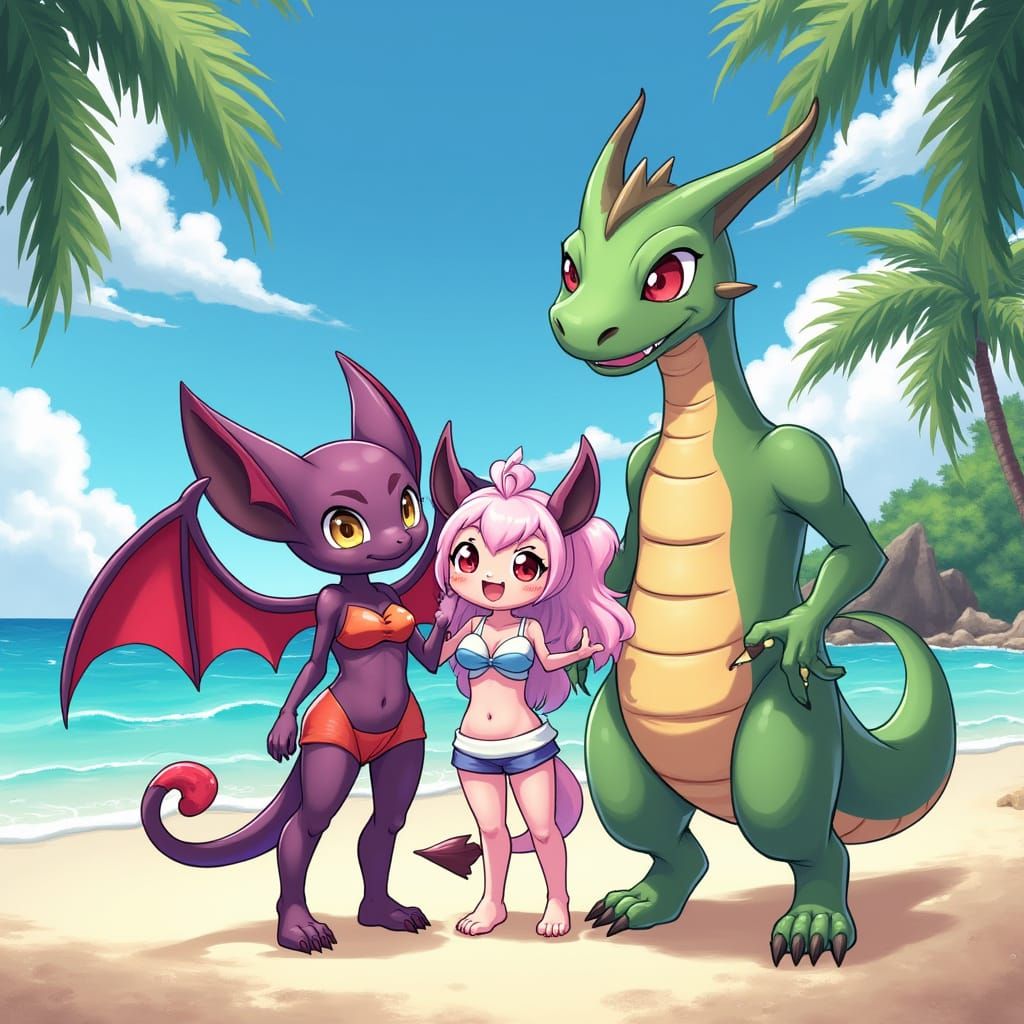 Anime Style Beach Scene with Bat and Dragon Characters