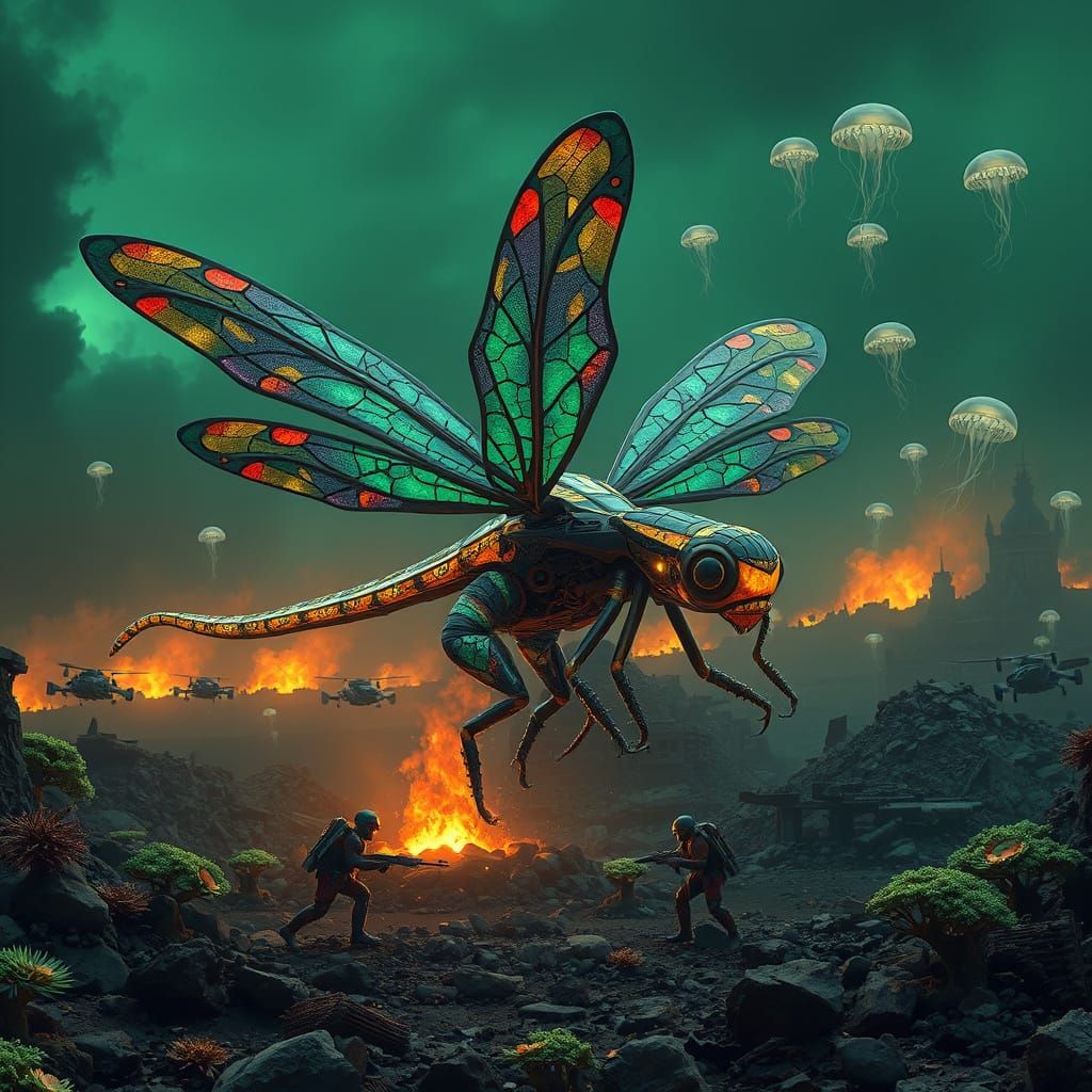 Cyberpunk Dragonfly War Machine in a Toxic, Bioluminescent H...