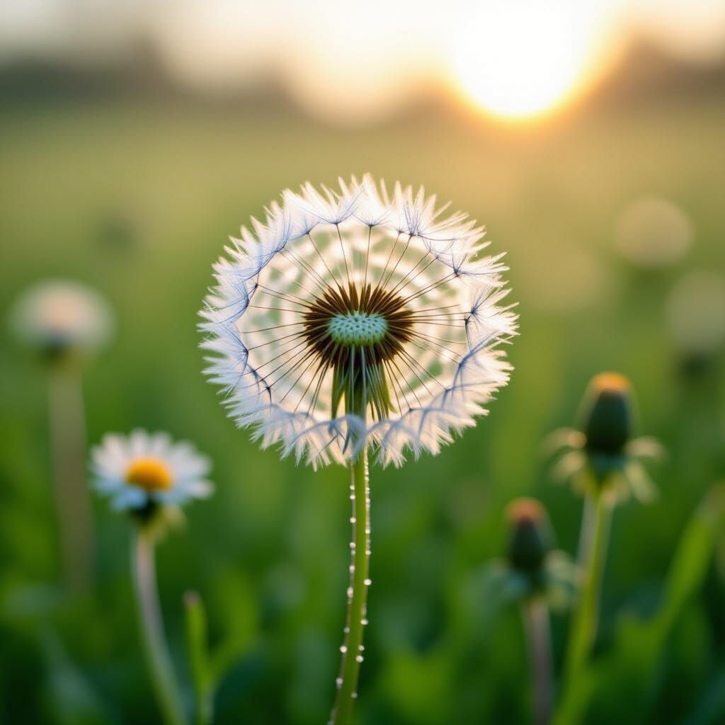 Hyperrealistic Dandelion Seedhead in Misty Meadow