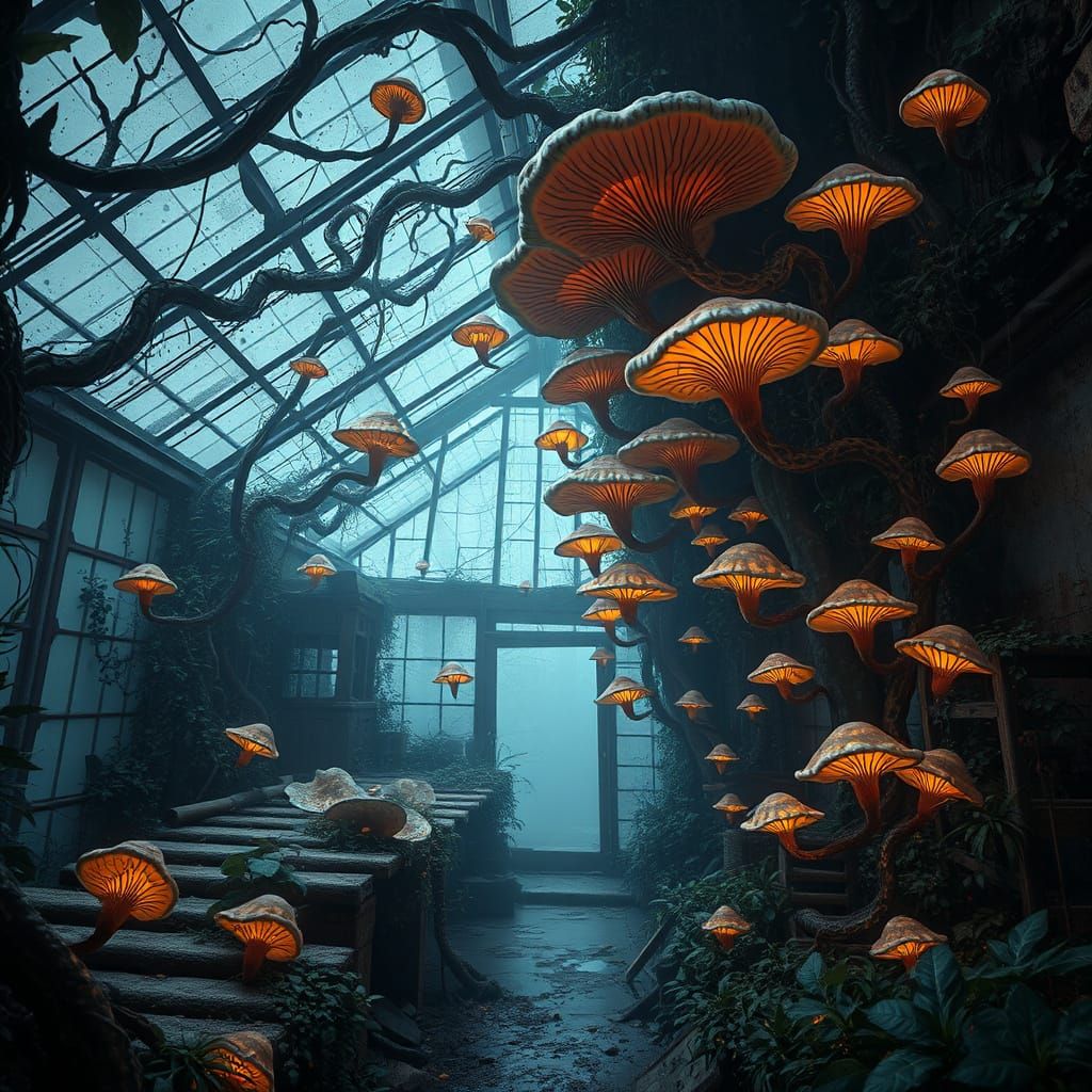 Glowing Fungi Vines in Overgrown Greenhouse