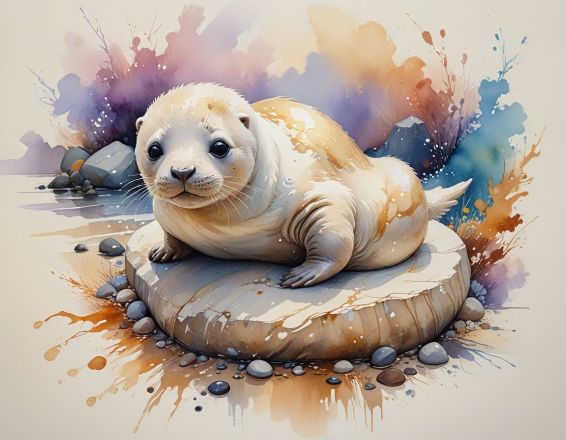 Seal Pup on Pebble Beach in Alcohol Ink Style