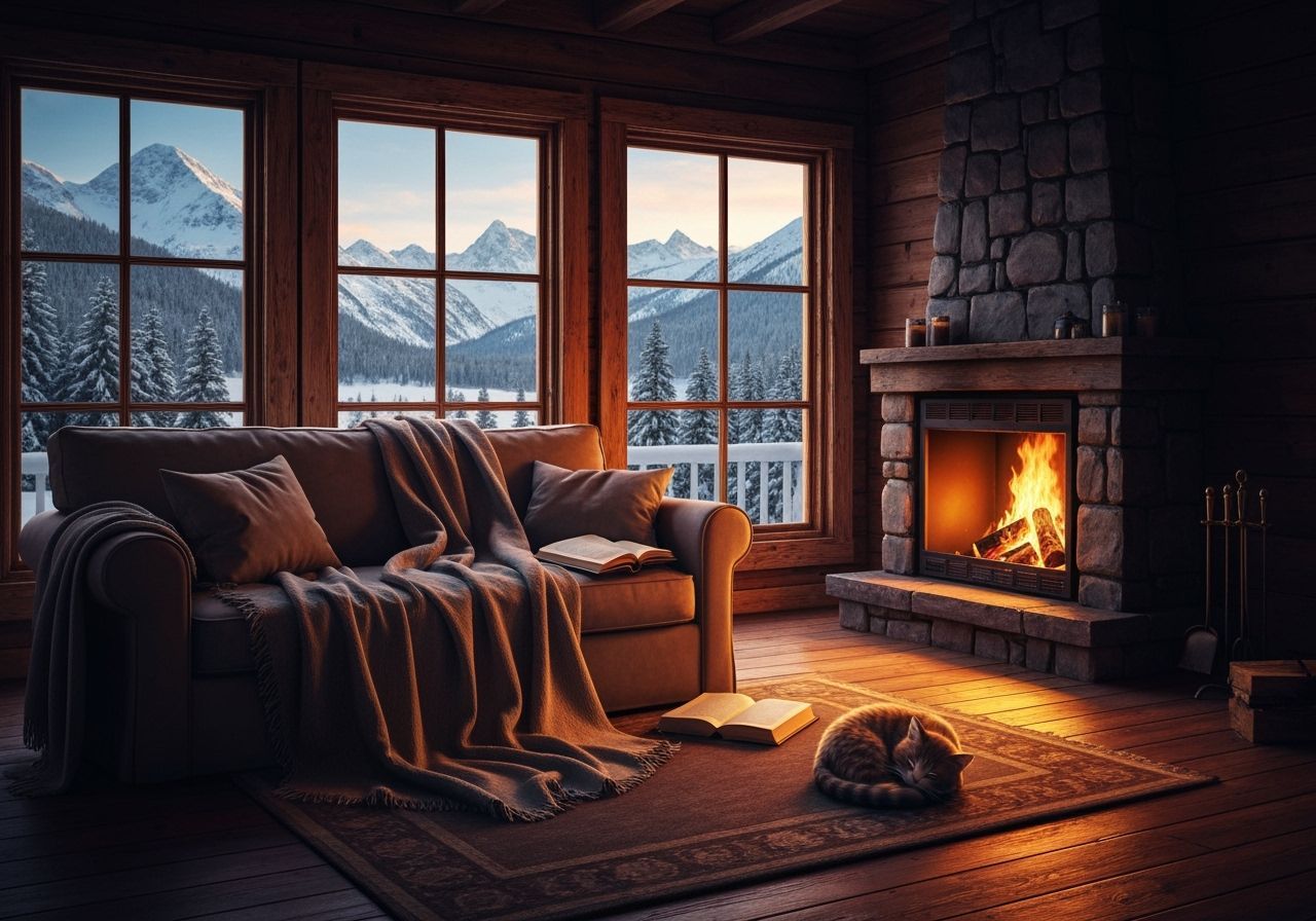 Cozy Cabin Scene: Fireplace, Snow Mountains & Cat