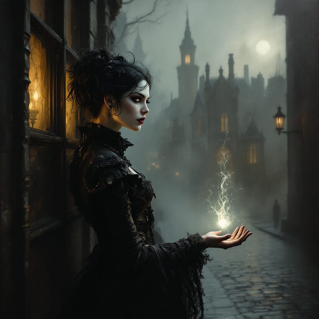 Victorian Vampire Woman with Mechanical Accents in Steampunk...