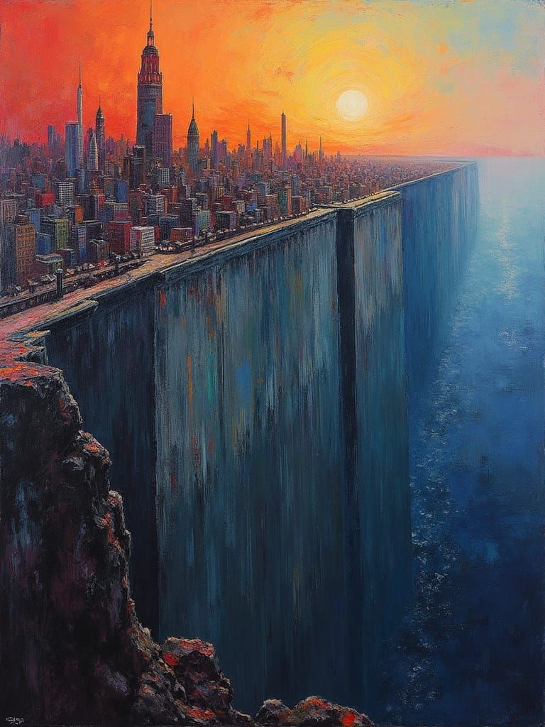 Neo Impressionist Cityscape on a Vast, Foreboding Wall