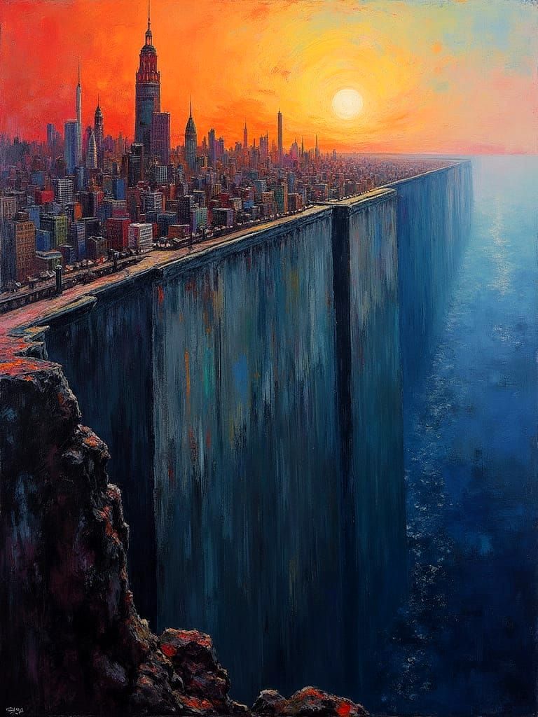 Neo Impressionist Cityscape on a Vast, Foreboding Wall
