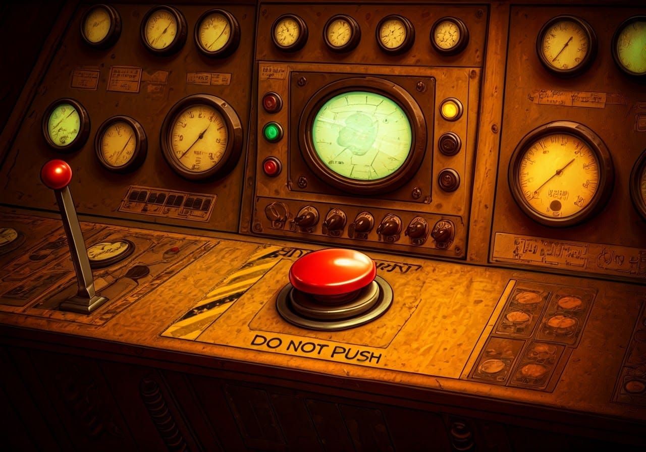 Retro Sci-Fi Console with Cautionary Red Button