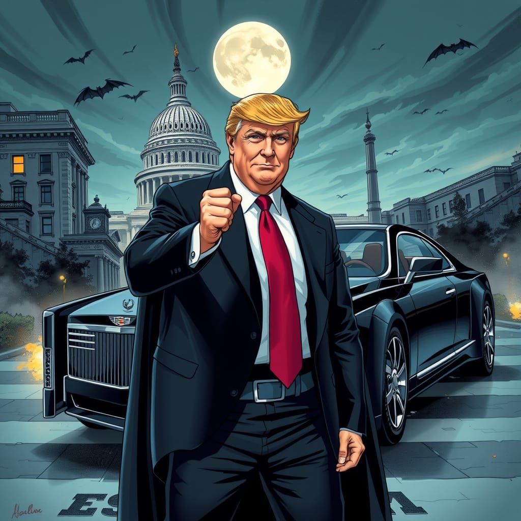 Donald Trump is a sharp flashy Batman Washington DC is Gotham City, his car is the one-off Cadillac el Presidente’ givin...