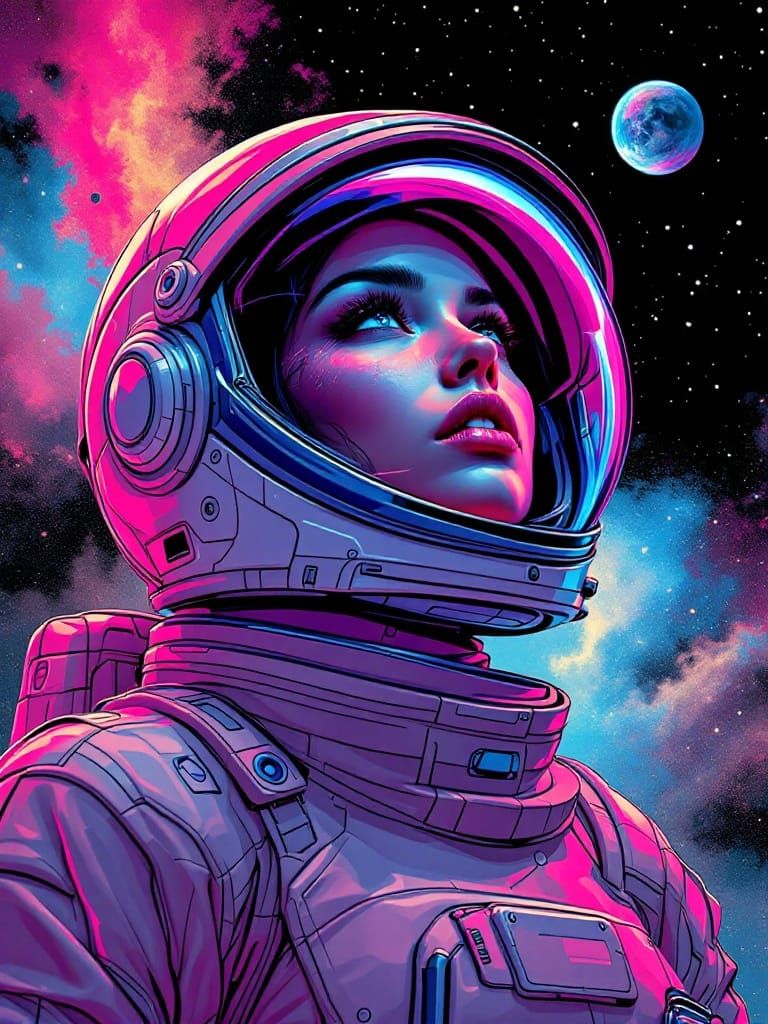 Dramatic Dreamscape of a Retro Astronaut in Cosmic Reflectio...