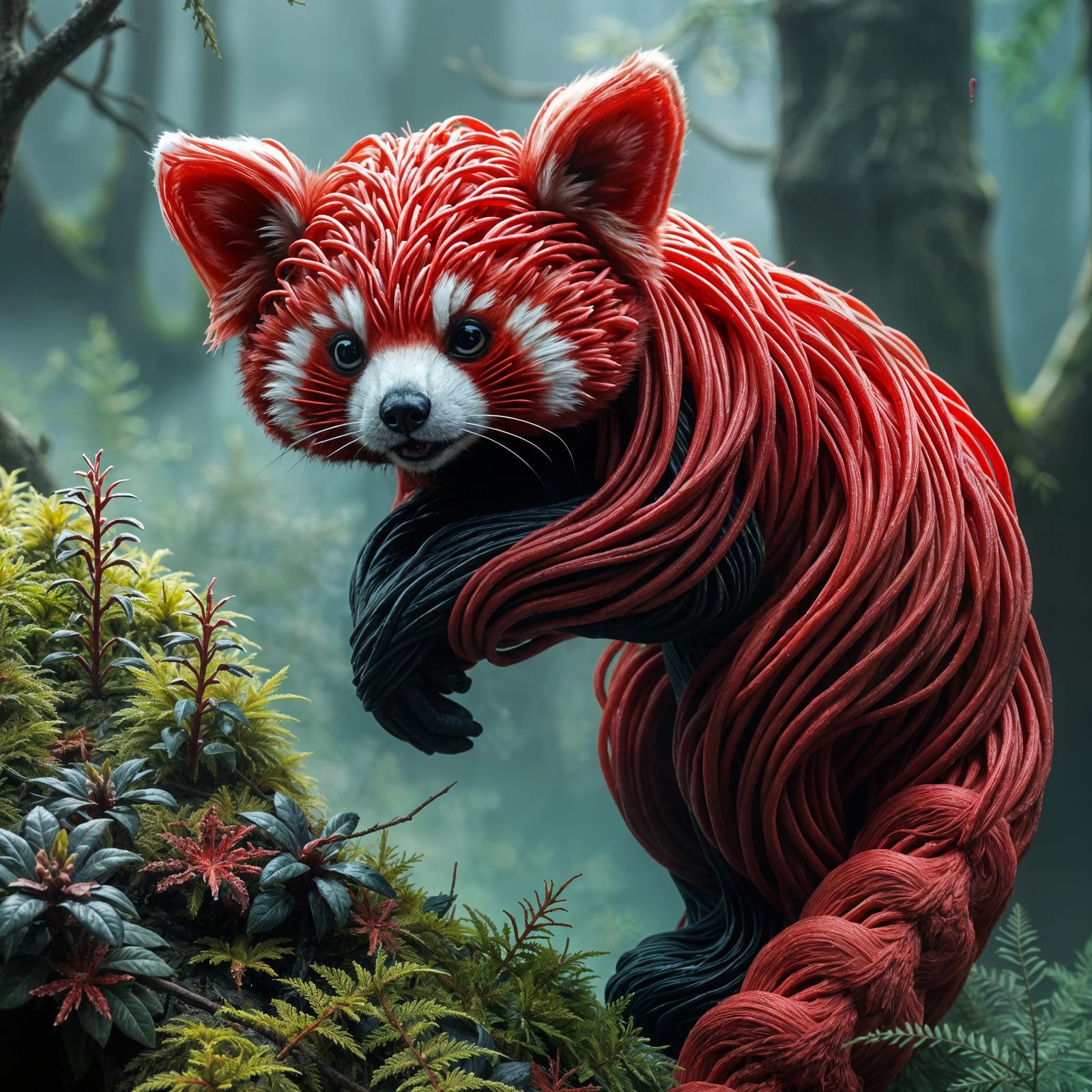 Hyperrealistic Red Licorice Panda on Cool Background