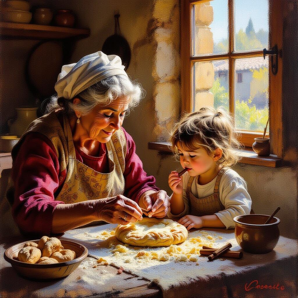 Sicilian Woman Crafts Pastry with Child in Warm Light