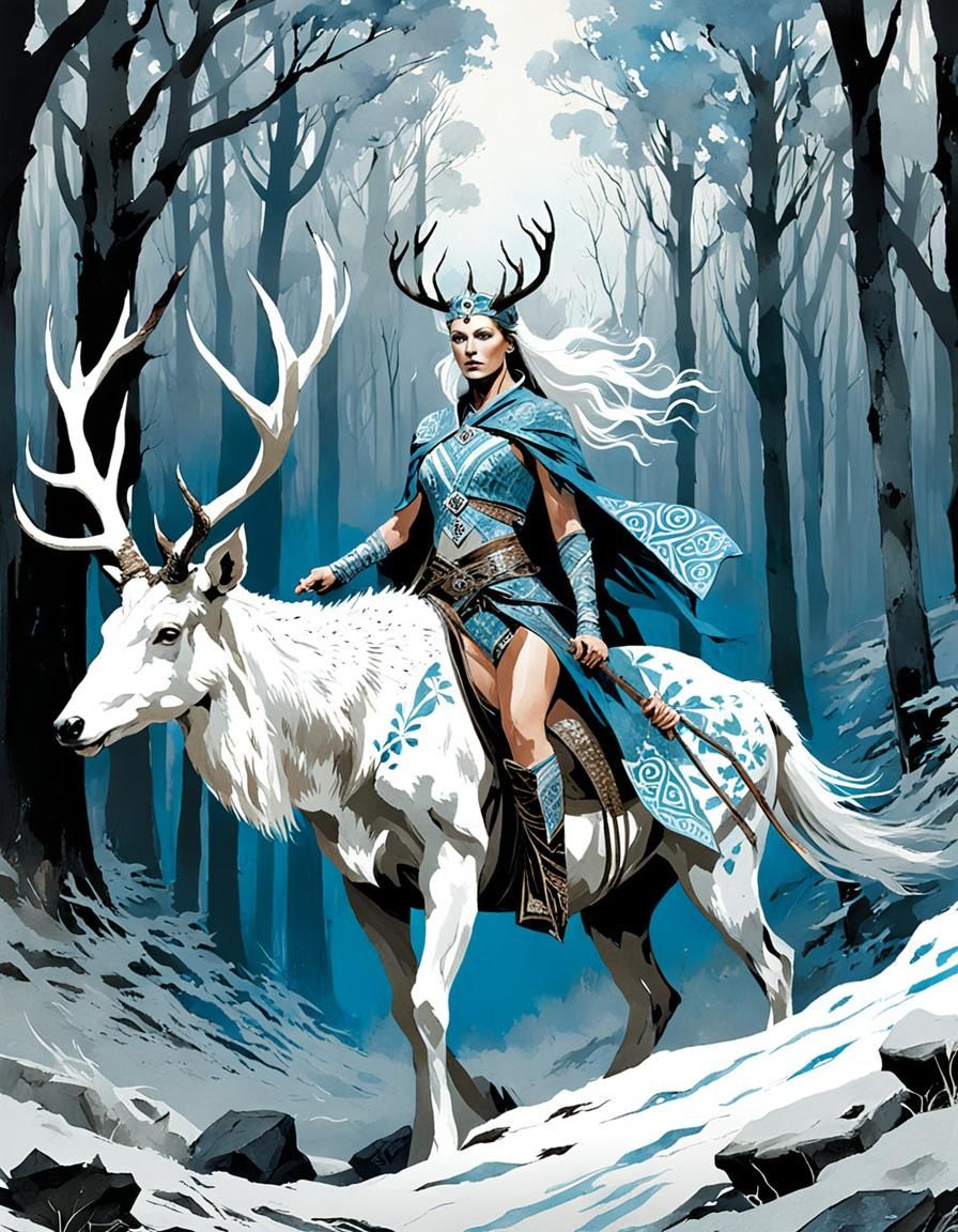 Celtic Sorceress on White Deer, Watercolor Illustration