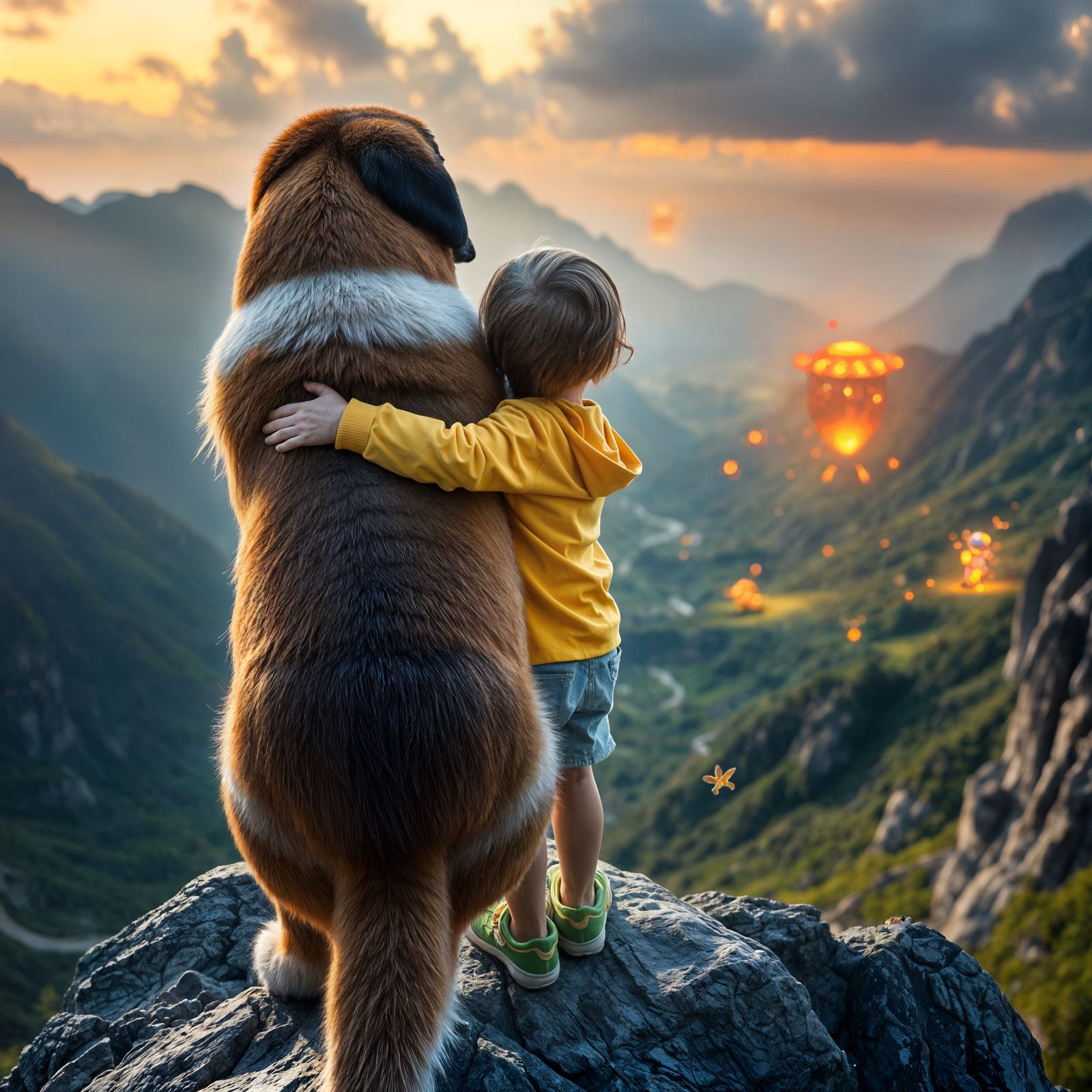 Whimsical Child and Gentle Saint Bernard Share Enchanted Val...