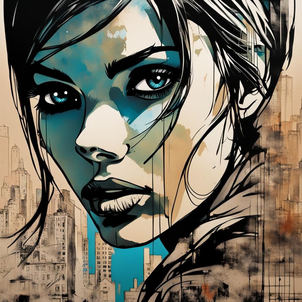 Female Portrait with Cityscape in Comic Book Style