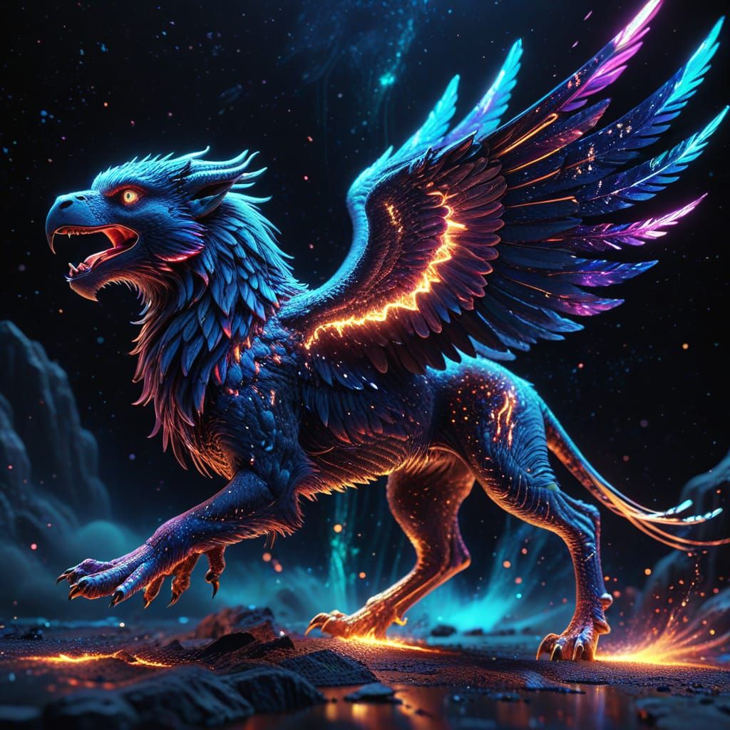 Vibrant Laser Griffin Strides Through Cosmic Deep Space