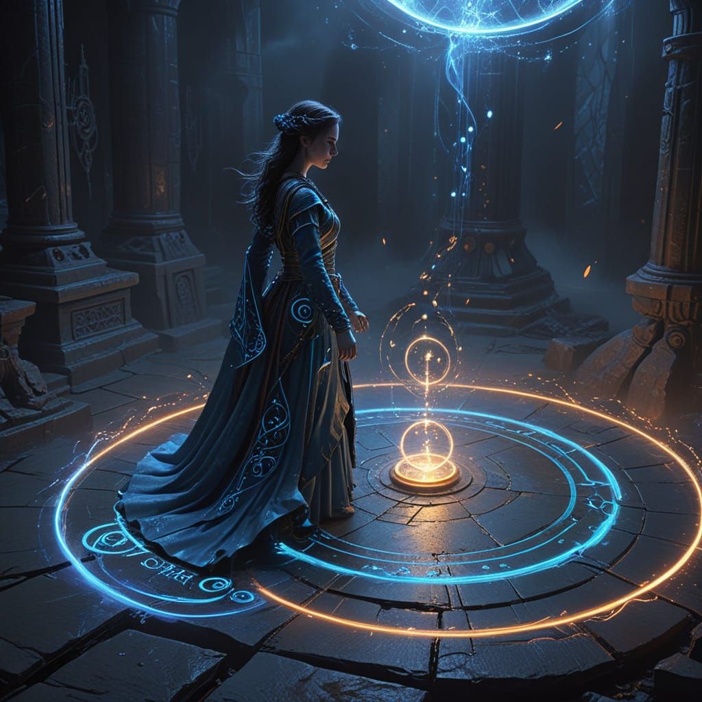 Sorceress Stepping into a Vibrant Arcane Portal with Glowing...