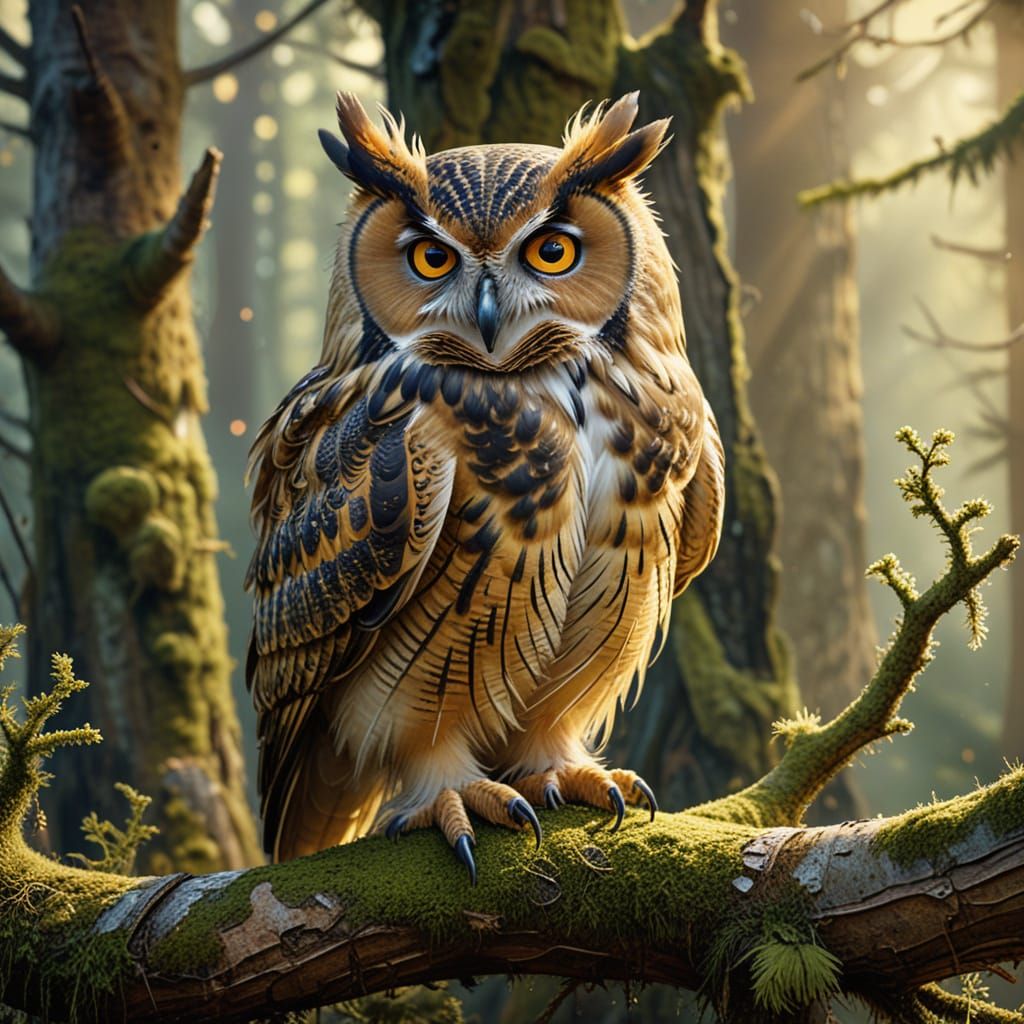 Majestic Owl Perched on Mossy Branch