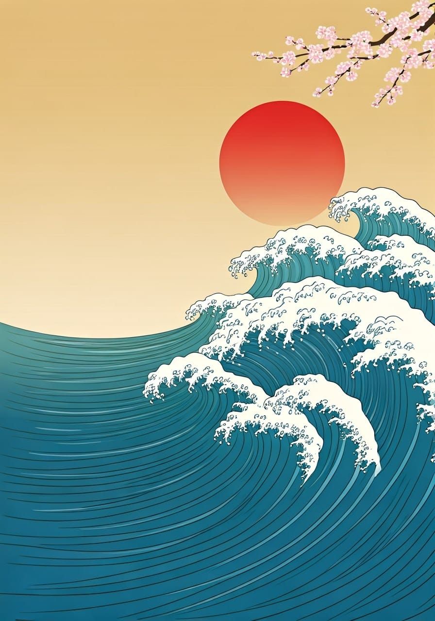 Surreal Ocean Scene in Traditional Japanese Ukiyo-e Style wi...