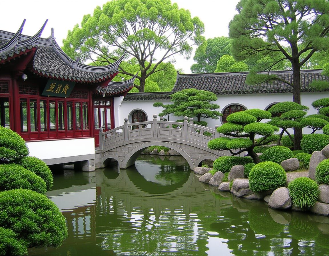 Serene Chinese Garden with Bridge and Pond