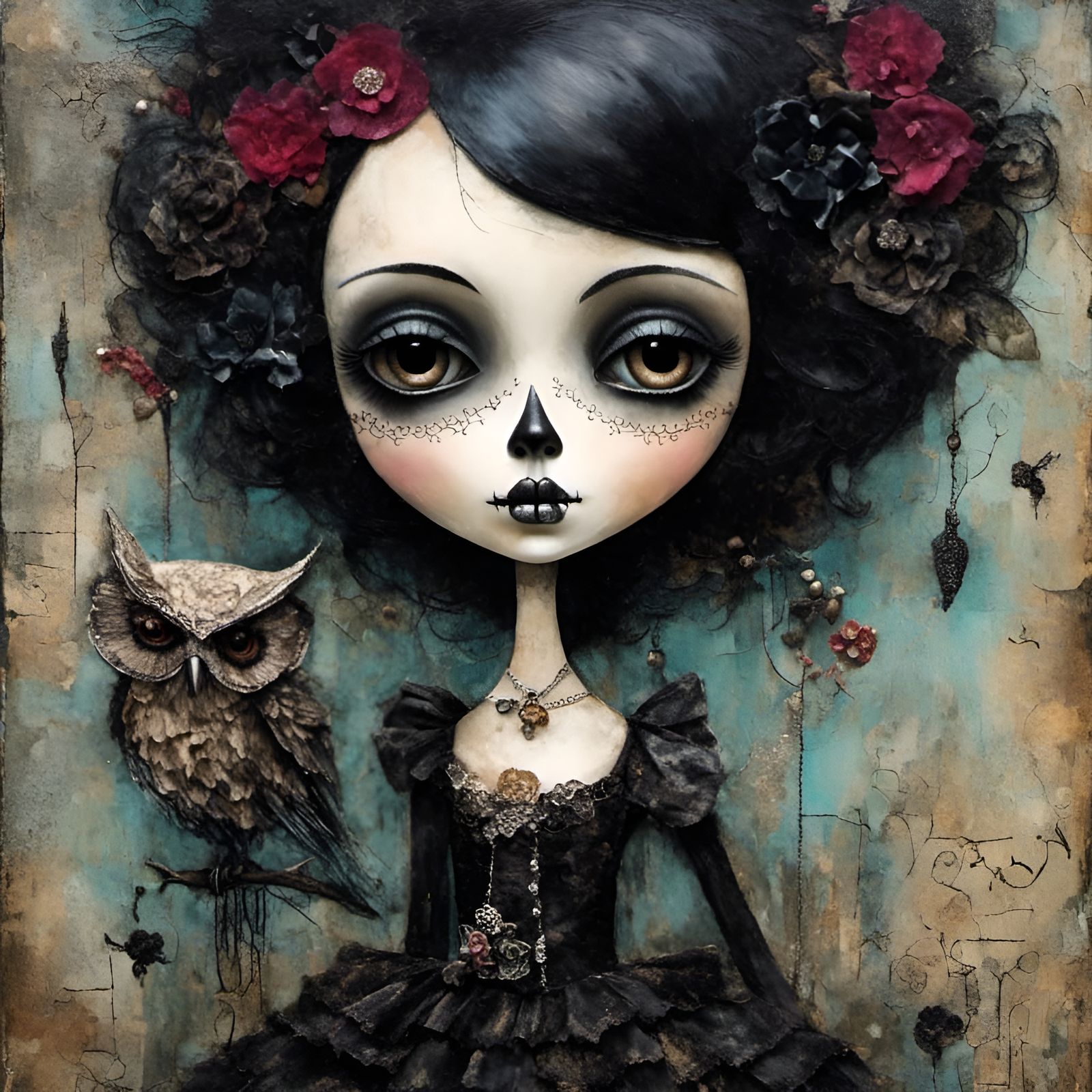 Gothic Art Doll with Owl Skull Face