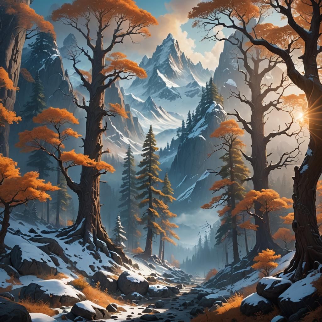 Mystical Snow Mountains in Fantasy Landscape Art