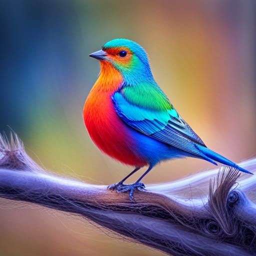 Kaleidoscopic Bird Perched on Branch in Hyperrealistic Style
