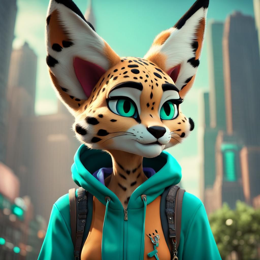 Zootopia Serval Fursona with Teal Hoodie