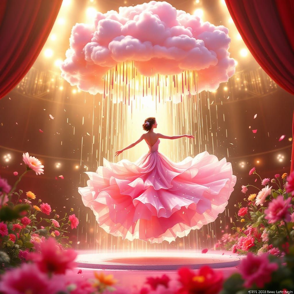 Flower Dances with Rain Cloud on Stage in Cinematic 3D Style