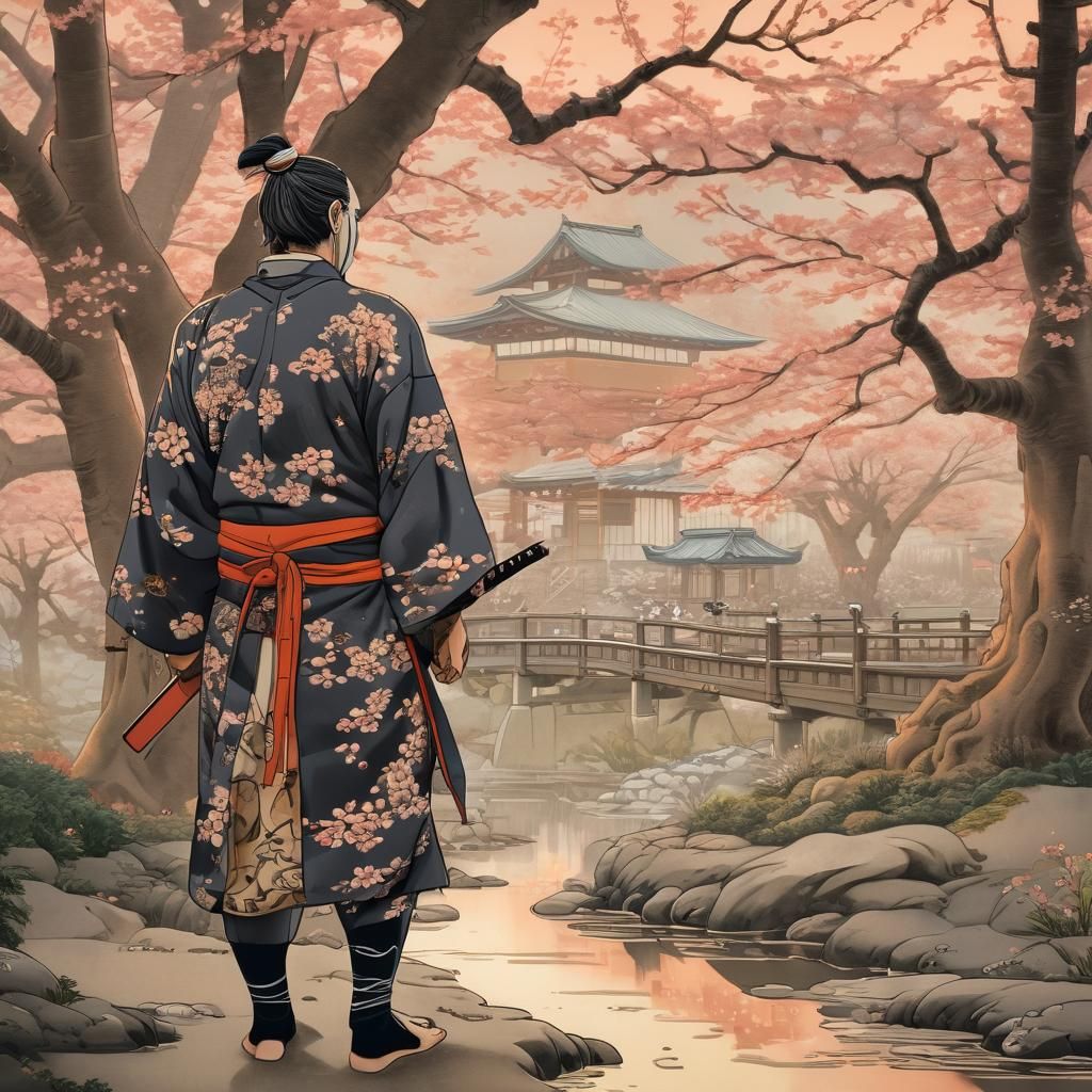 Ninja in Japanese Garden: Ukiyo-e Woodblock Print