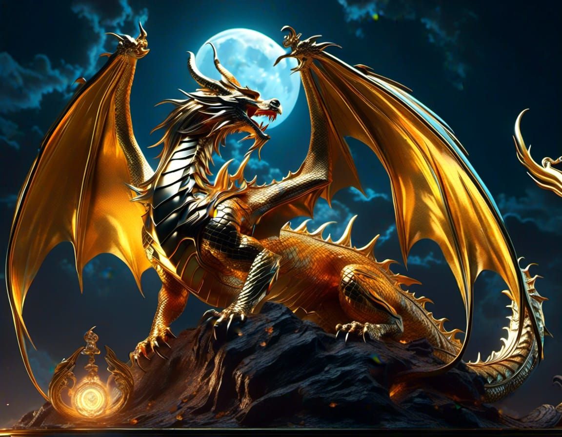 Golden Dragon Full Moon Fantasy Art