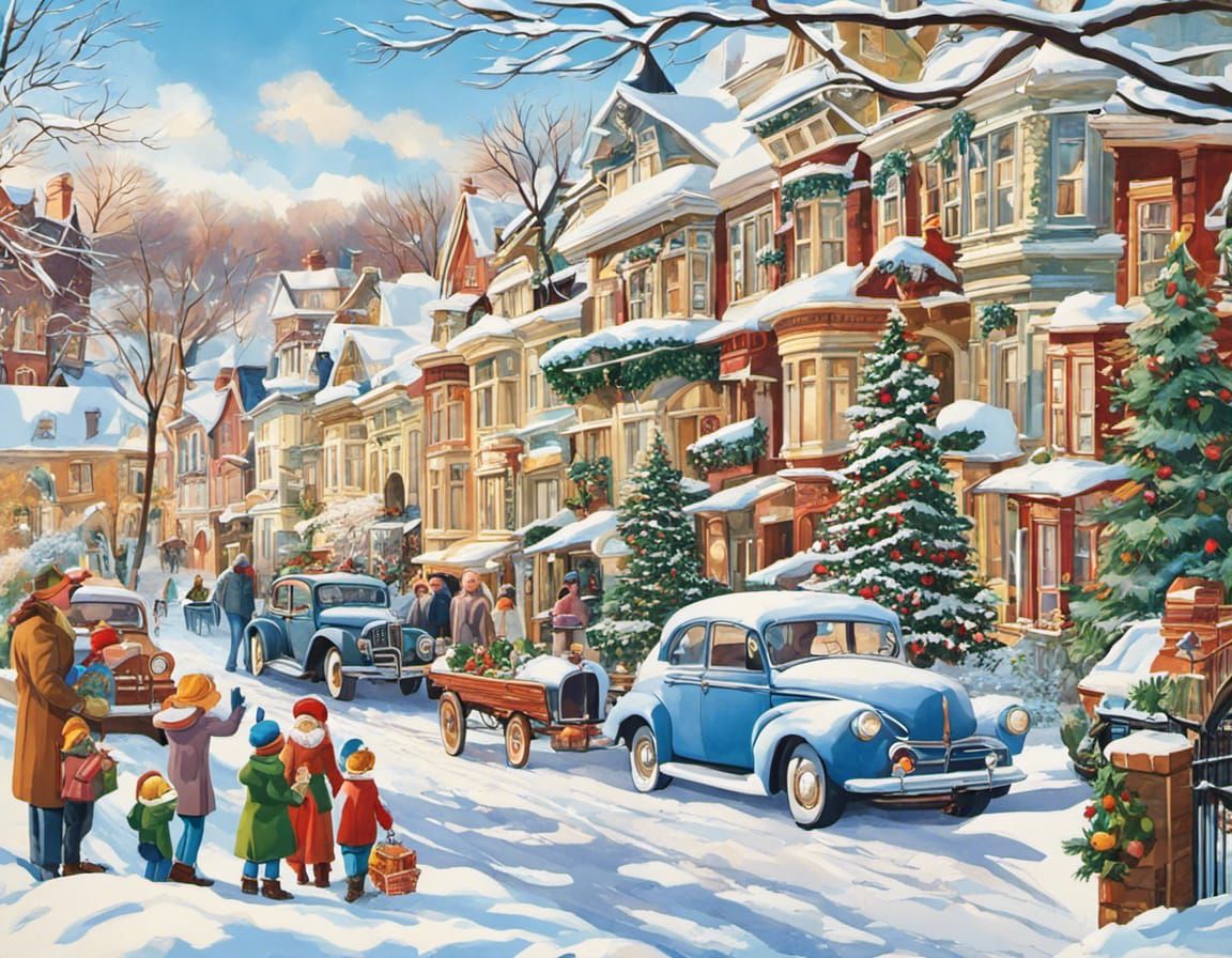 Family Walk to Christmas Gathering on Snowy Street