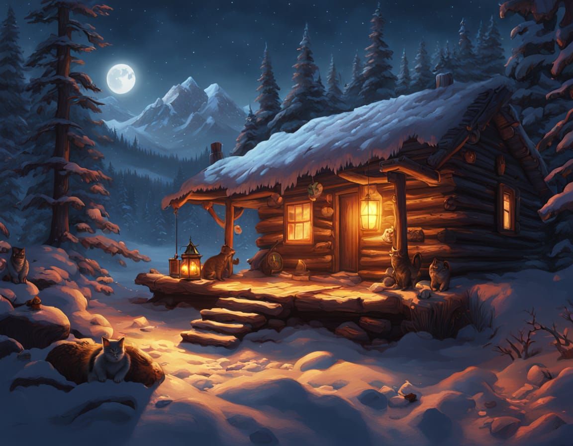 Cozy Cabin Awakening: Feather Bed, Cats, and Amber Lanterns