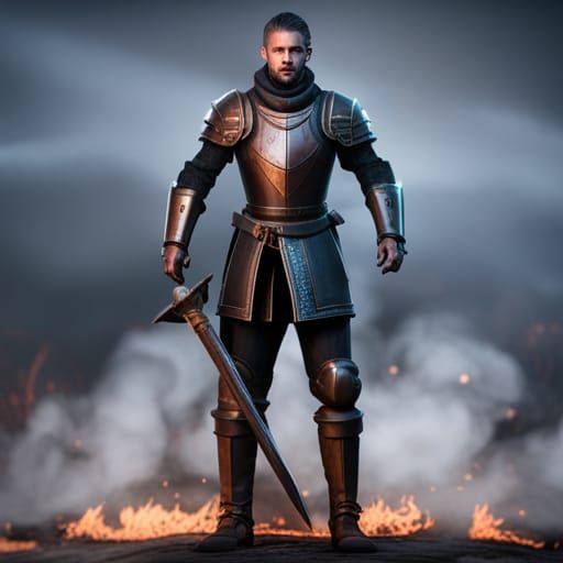 Epic Knight in Fiery Landscape: 3D Game Art