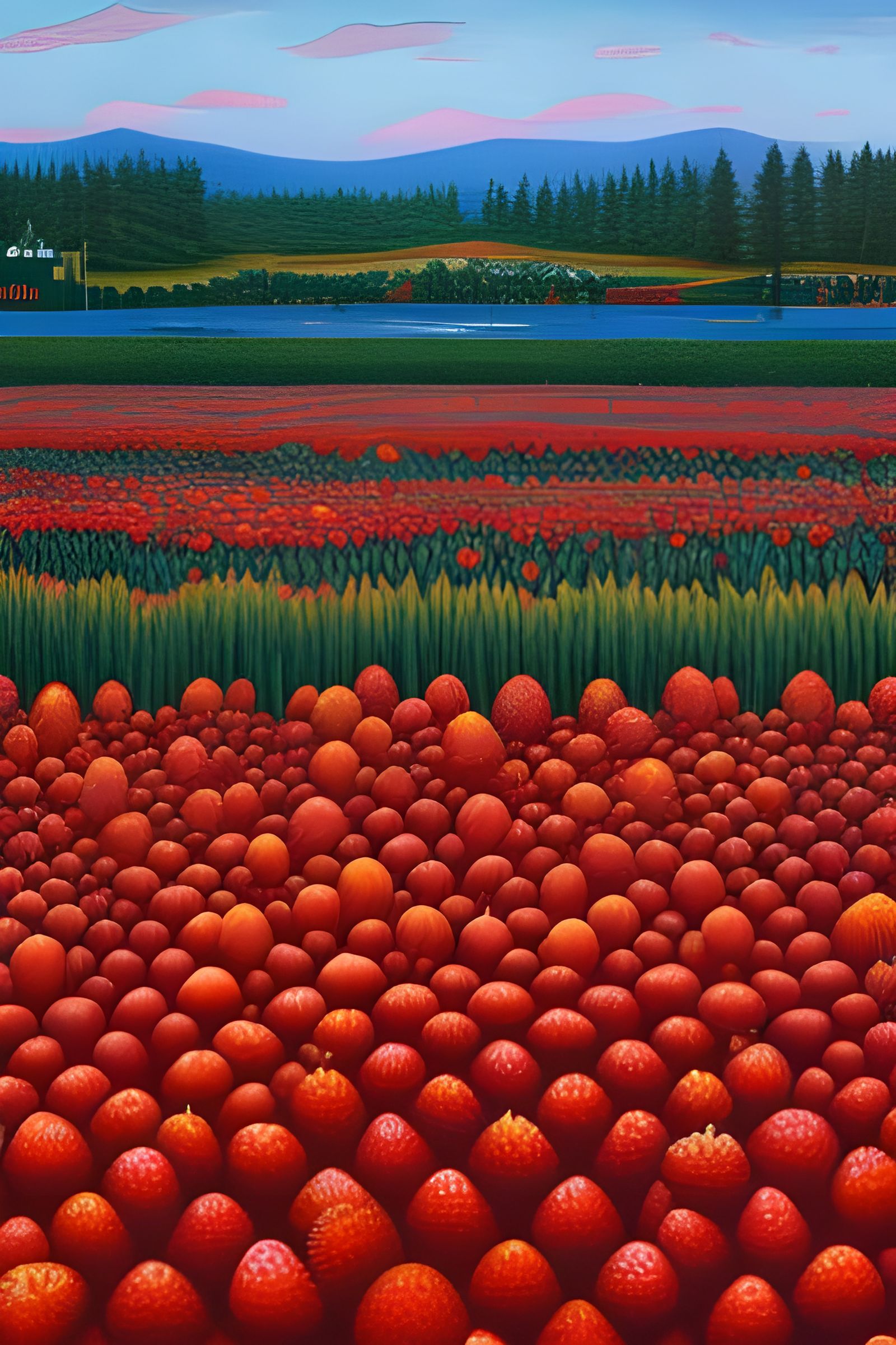 Strawberry Dystopian City in Cartoon Art Style