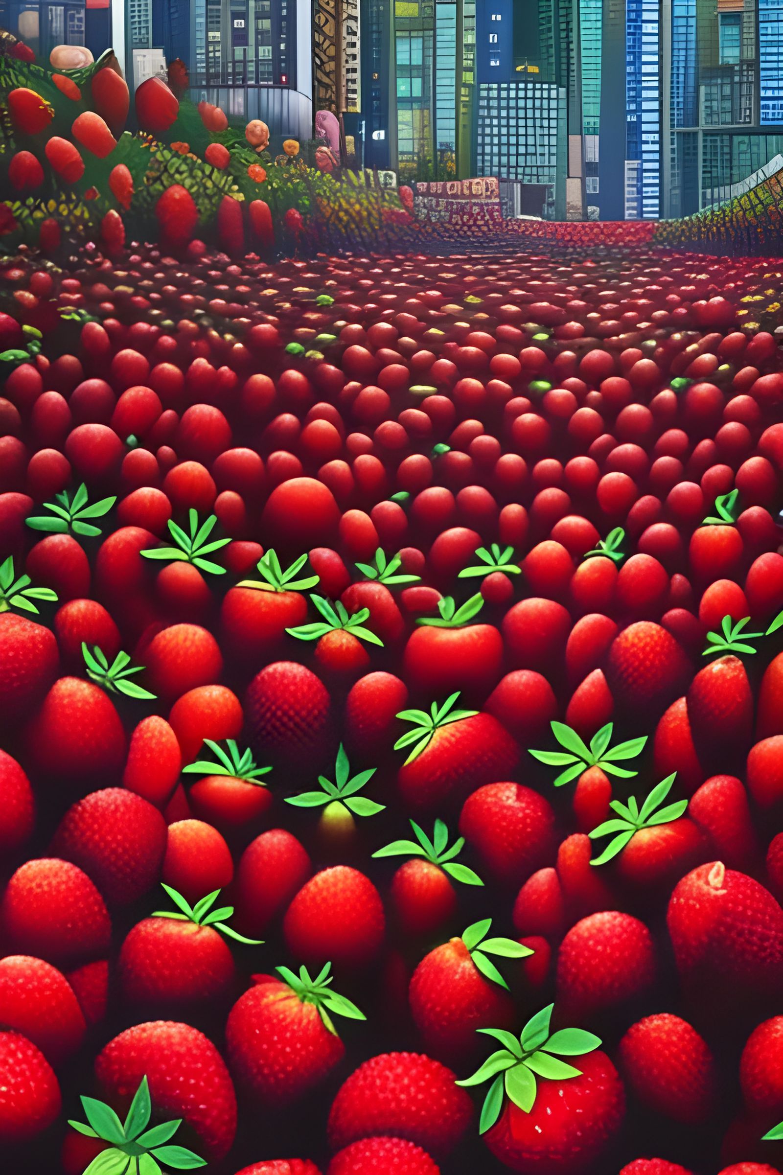 Dystopian Strawberry City in Cartoon Art Style