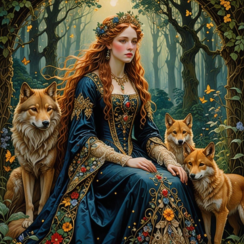 Regal Empress of Wolves in Mystical Forest Scene