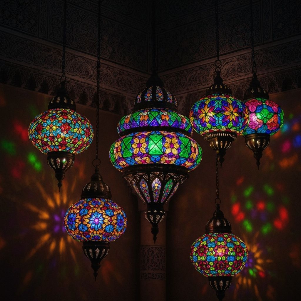 Vibrant Moroccan Lanterns Illuminate Ornate Interior